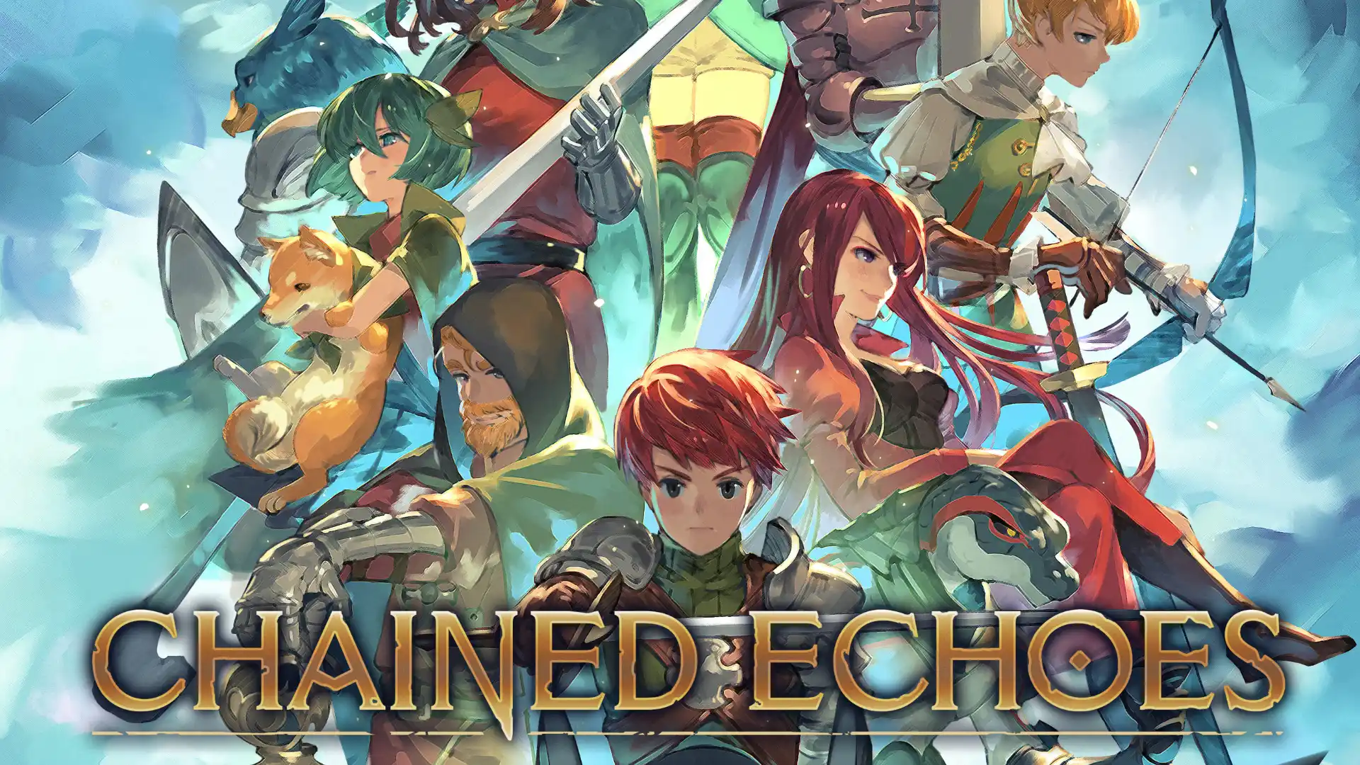 Chained Echoes heroes pose with swords, bows, and creatures against a bright fantasy sky