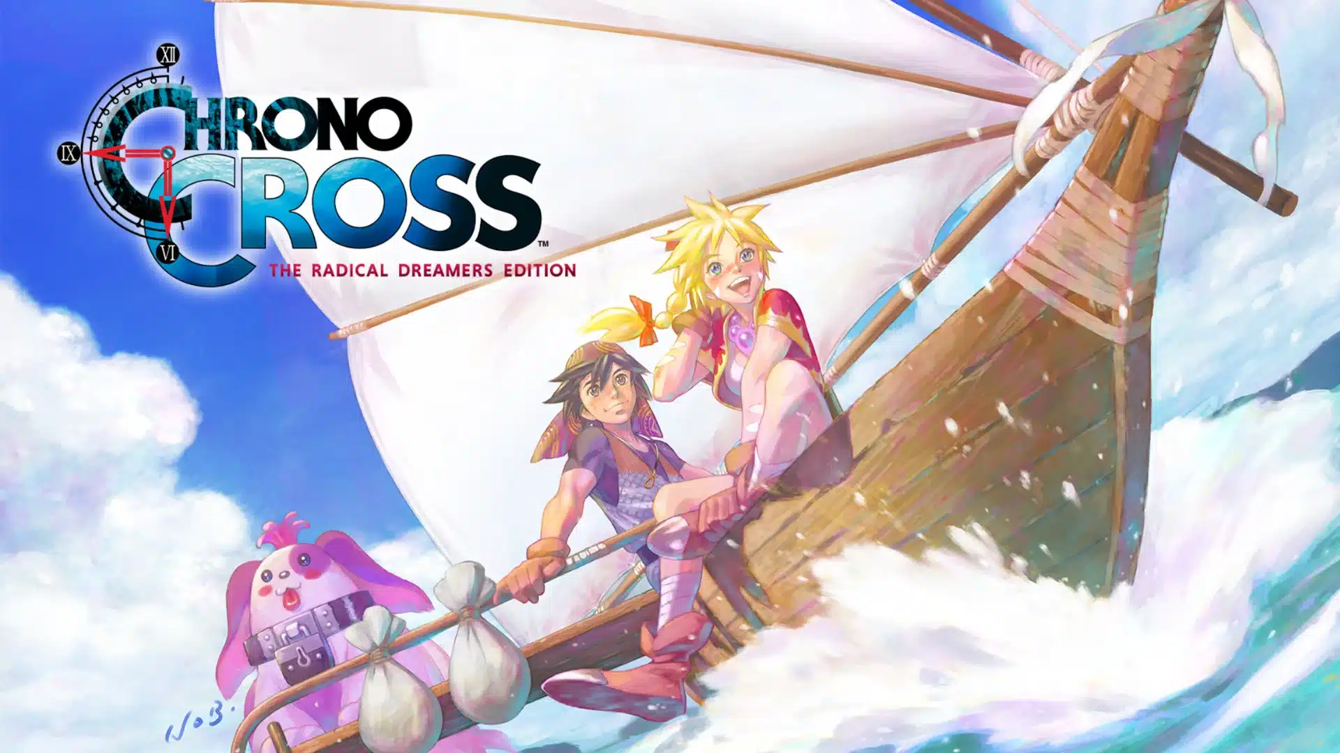 Chrono Cross heroes sail across rough seas beneath the Radical Dreamers Edition logo