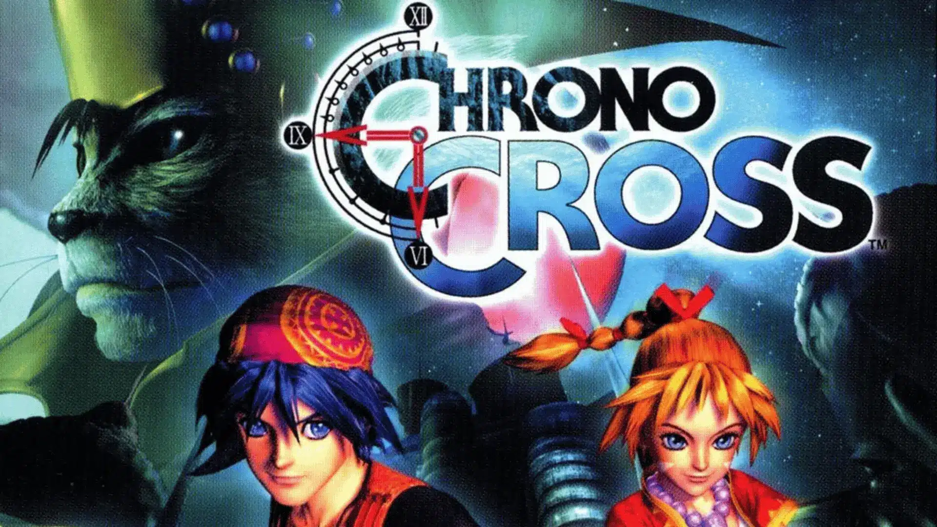 Chrono Cross cover art featuring anime characters, a feline figure, and a clock-themed logo against a fantasy backdrop.
