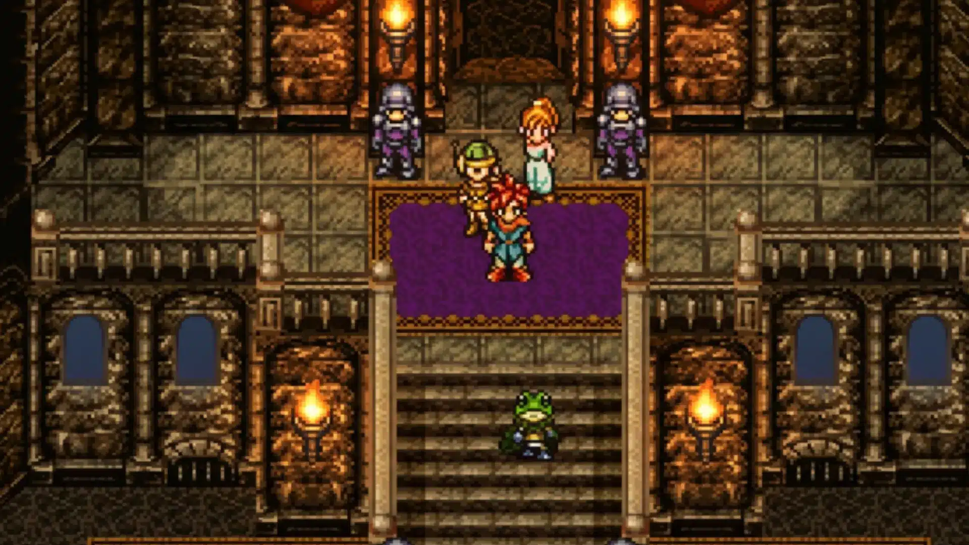 Chrono Trigger party stands inside a stone castle hall during a tense story scene