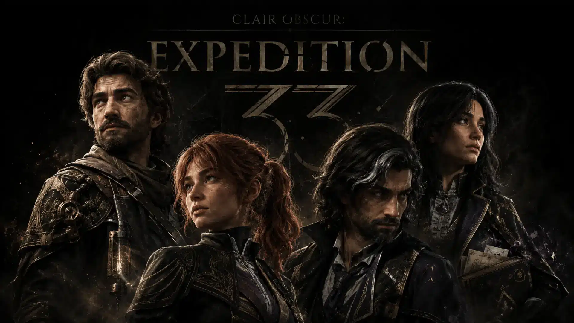 Four Clair Obscur: Expedition 33 characters posed in a dark collage with the game title in the background.