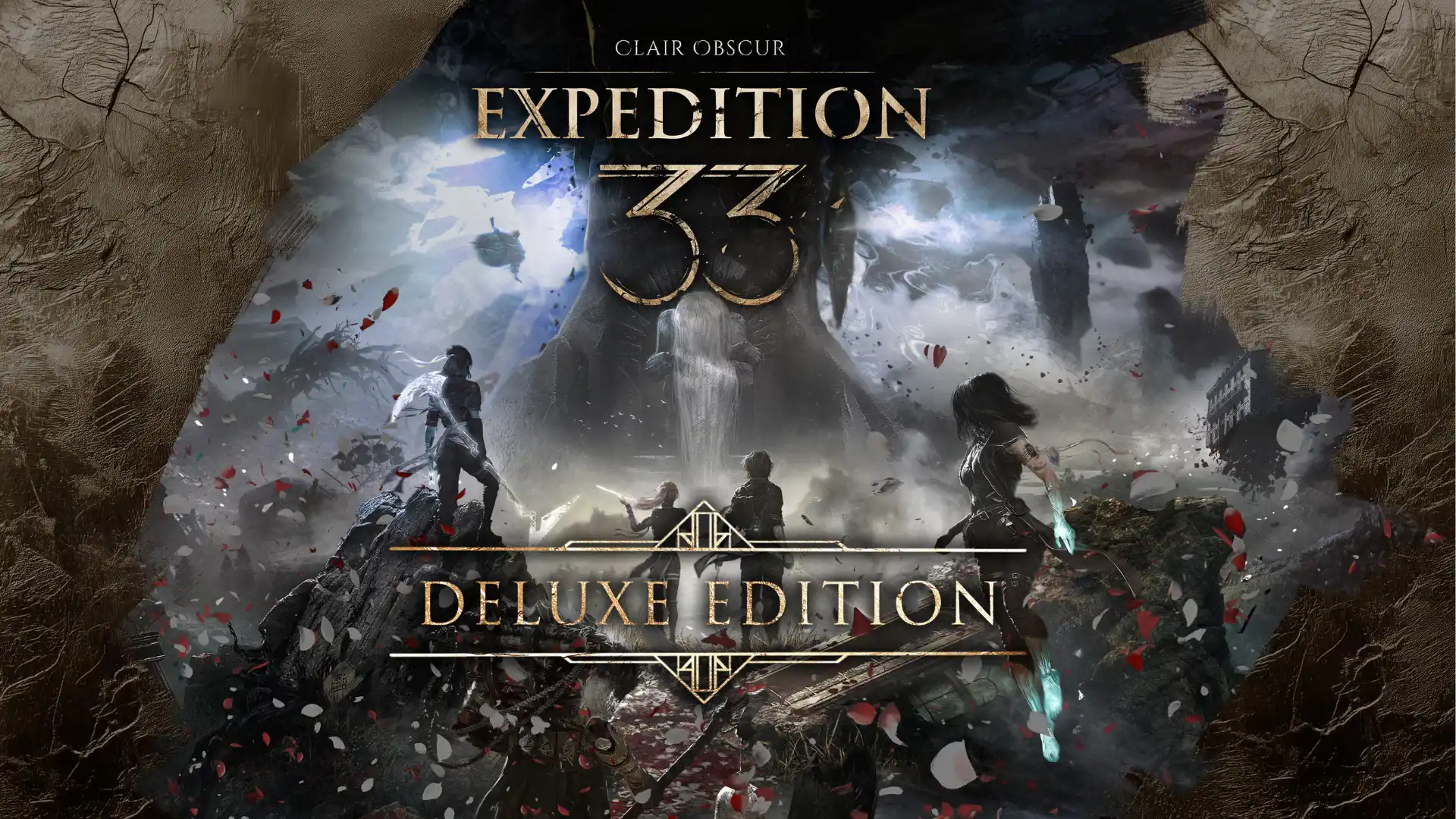 Clair Obscur Expedition 33 heroes face a towering figure amid a dark ruined landscape