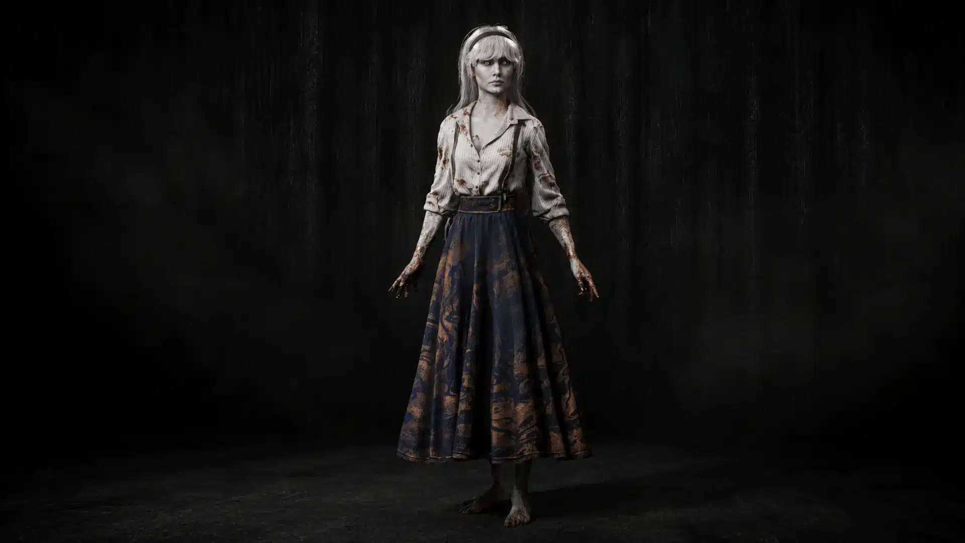 Clea with white hair wearing a stained blouse and long dark skirt against a black background.