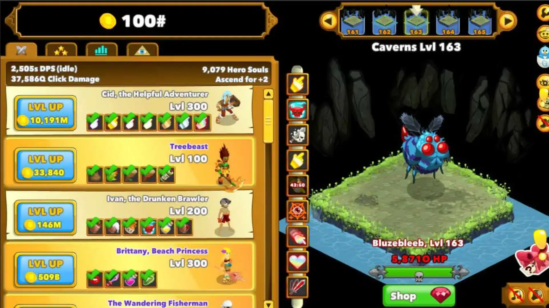 Clicker Heroes gameplay showing hero upgrades and a level 163 cavern monster battle