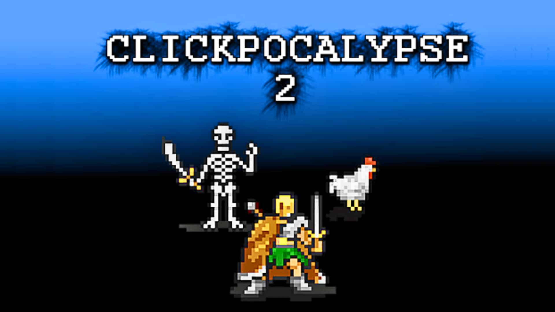 Clickpocalypse 2 game banner showing pixel art characters and title logo
