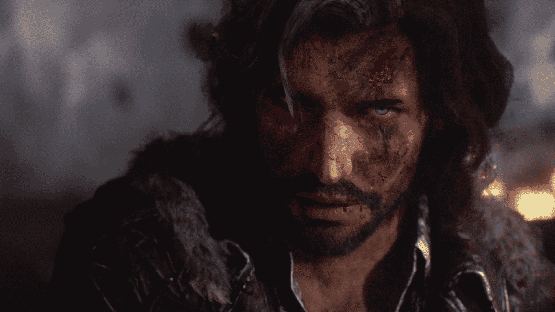 Close-up of a battle-worn Verso with a beard, dark hair, and a striking light blue eye.