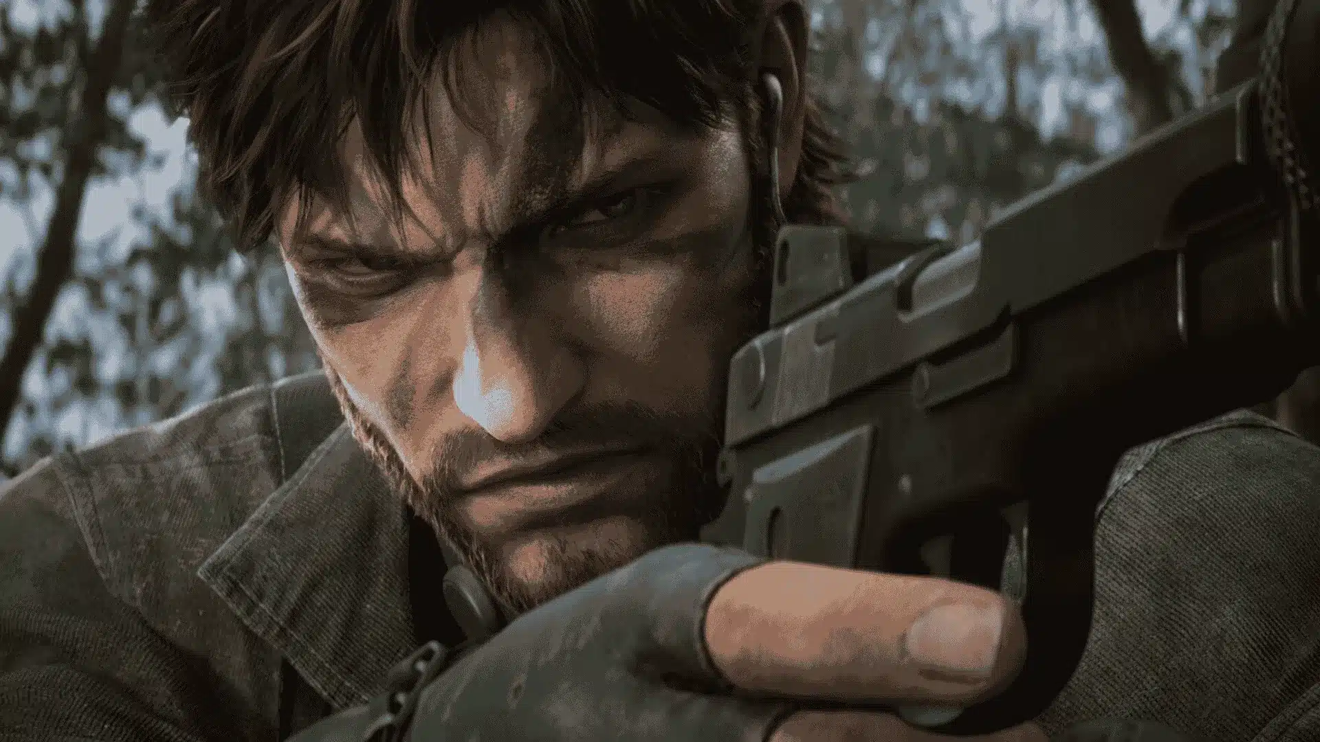 Close-up of Naked Snake from Metal Gear Solid Delta aiming a pistol with a intense expression.