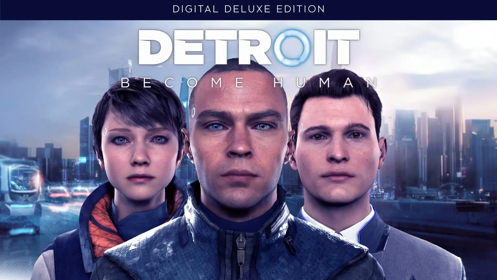 Close-up portrait of three main android characters with a futuristic city in the background.
