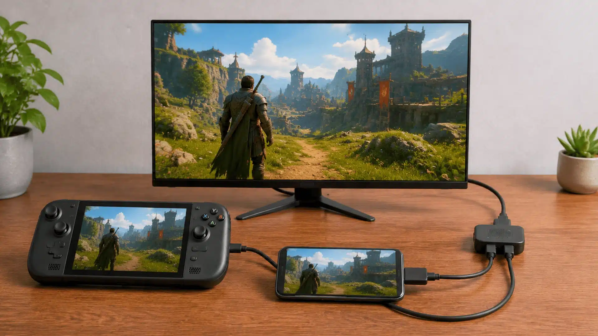 Gaming setup with handheld console, smartphone, and monitor connected on a wooden desk.