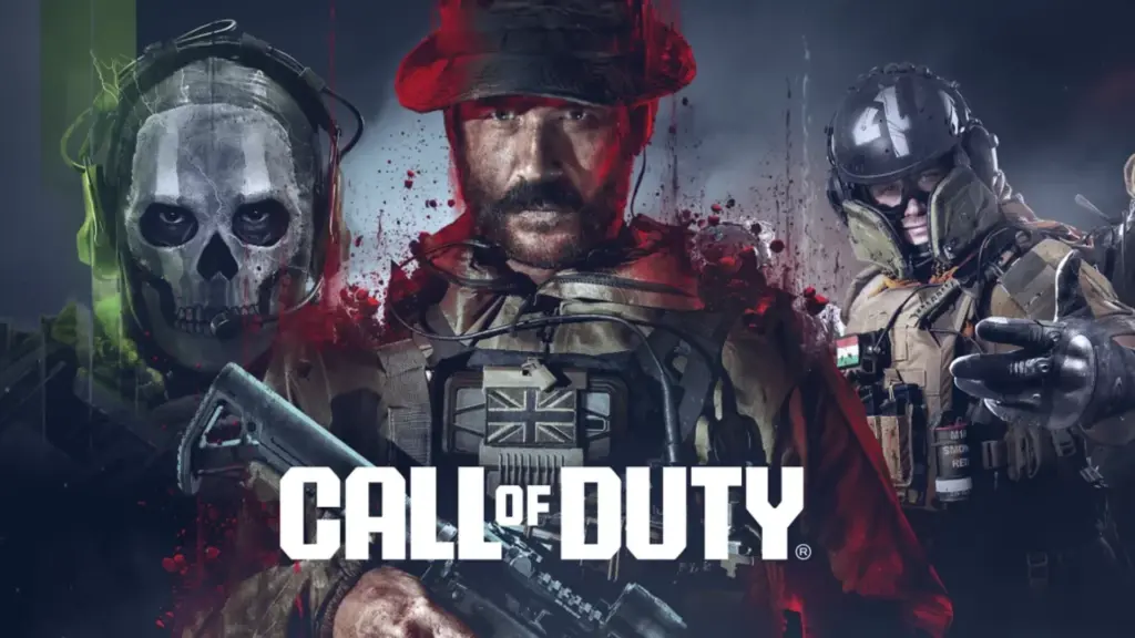 Three Call of Duty soldiers pose with tactical gear around the iconic game title artwork