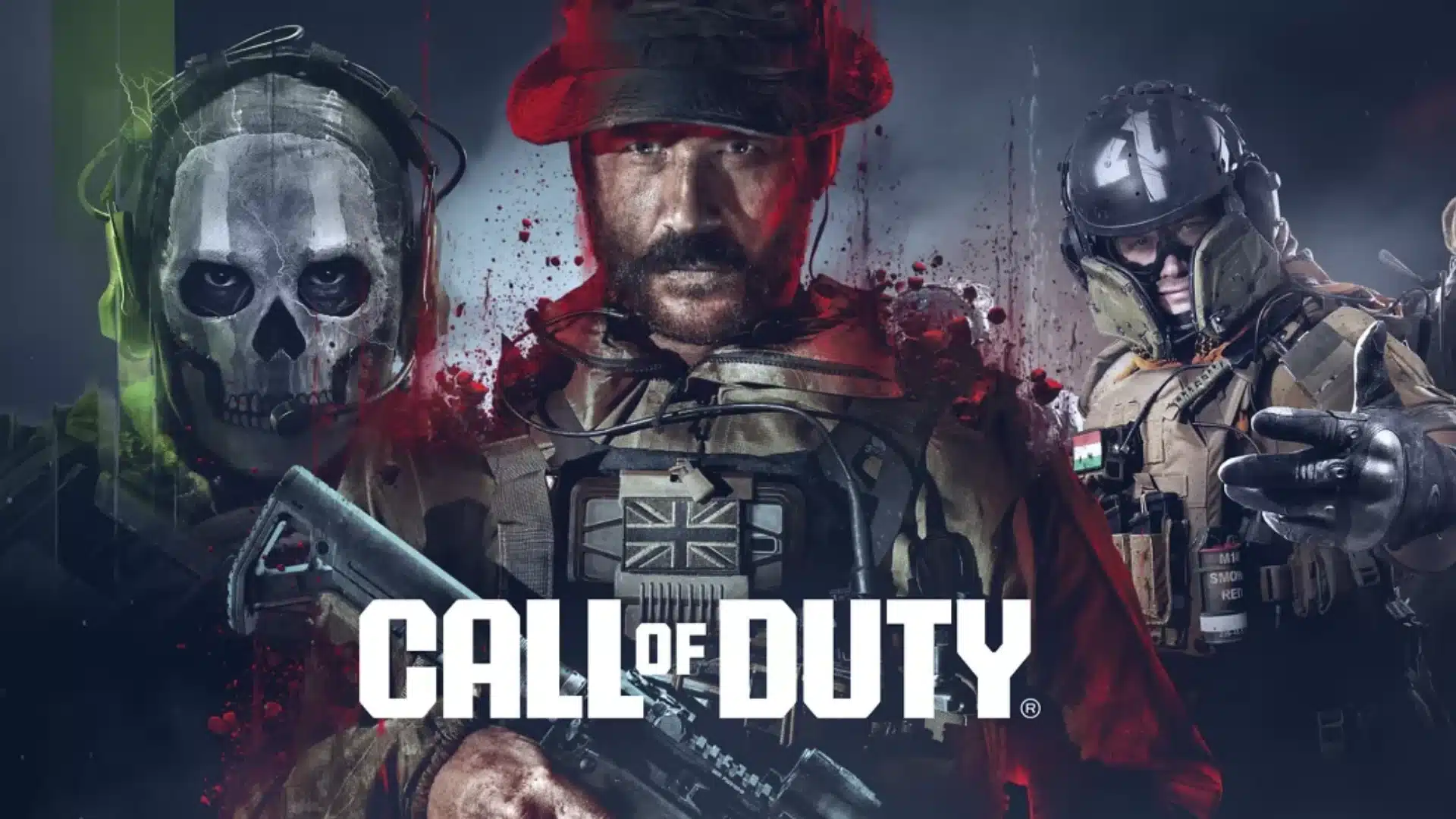 Three Call of Duty soldiers pose with tactical gear around the iconic game title artwork