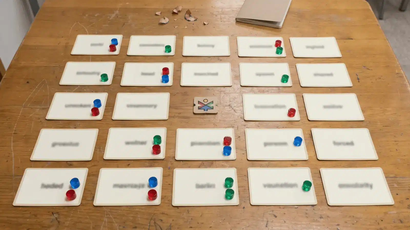 Word cards and clue markers arranged in a tabletop game