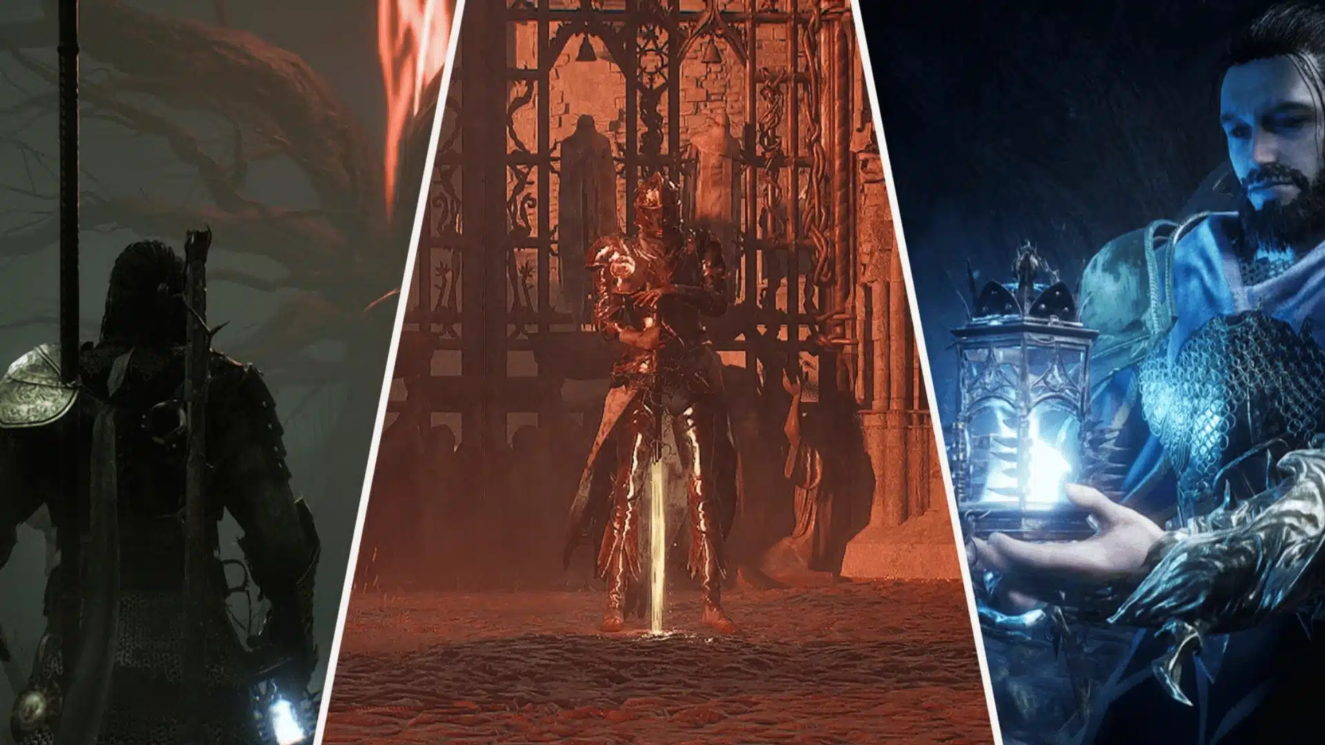 Three-panel image showing different armored characters from Lords of the Fallen holding weapons and lanterns.