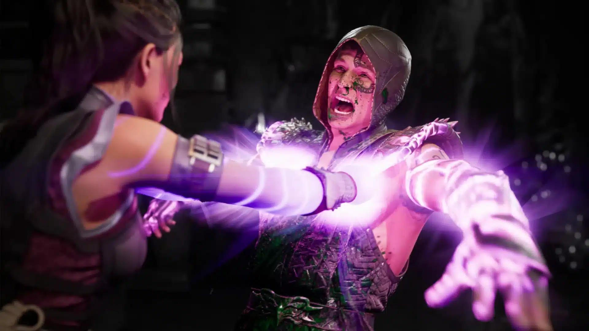 A female fighter strikes a hooded opponent with a burst of glowing purple energy