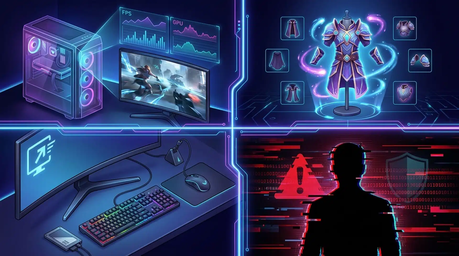 Illustration showing gaming performance optimization, hardware upgrades, game mods, and cheat detection concepts.