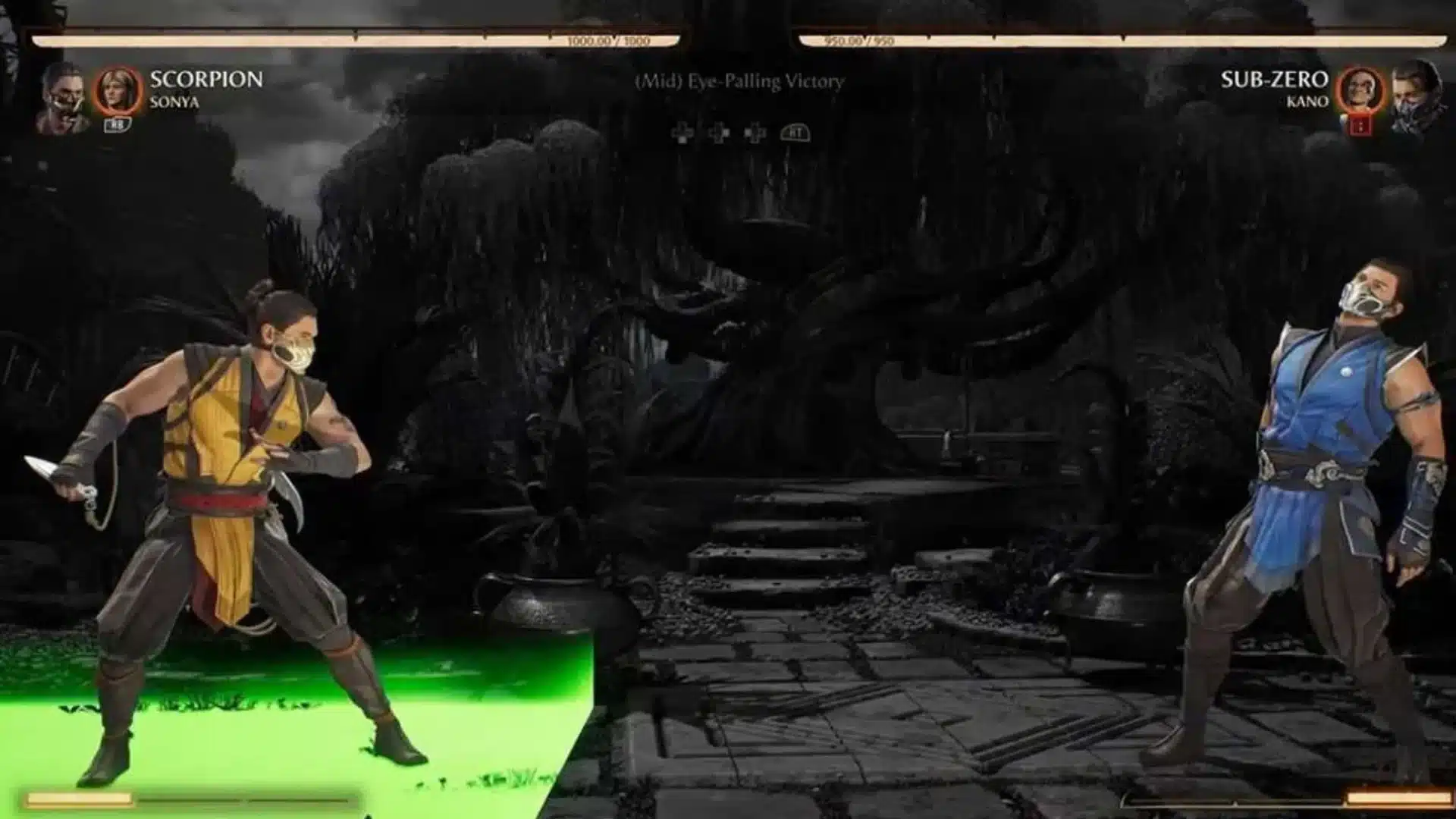 Scorpion faces Sub-Zero in a dark arena beside a bright green pool of burning acid