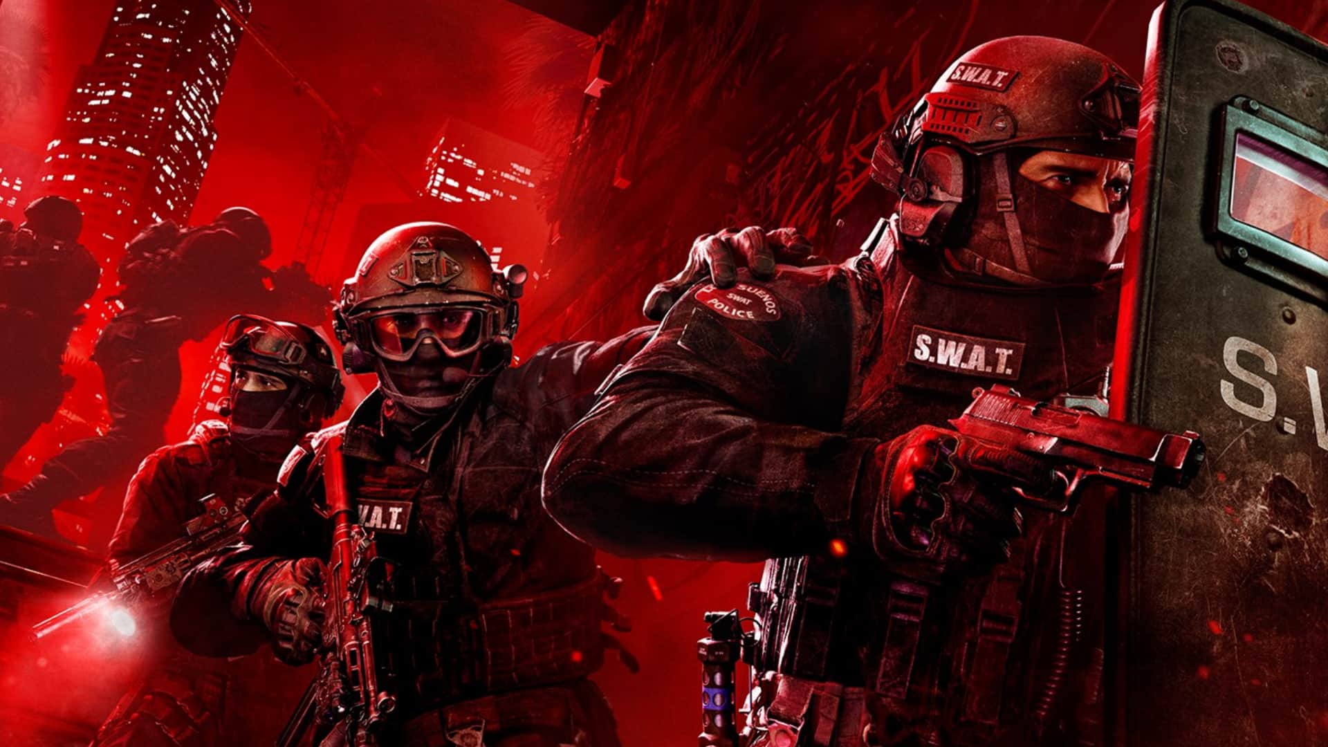 SWAT officers advance through a red-lit city scene in Ready or Not tactical gear