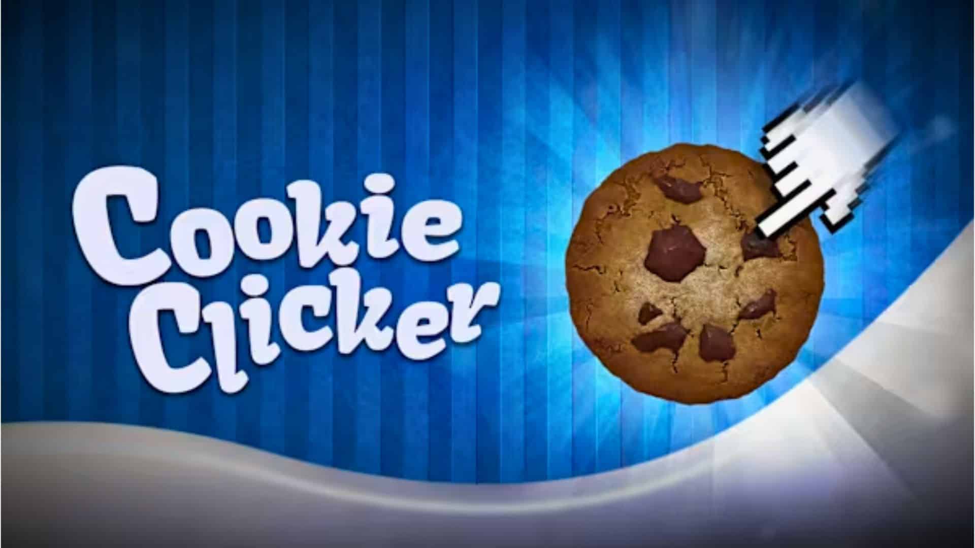 Cookie Clicker game logo with a chocolate chip cookie and clicking hand icon on a blue background.