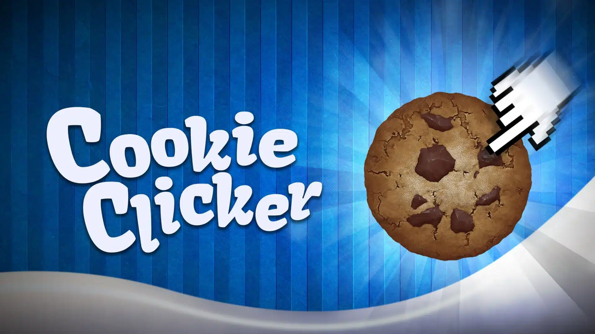 Cookie Clicker graphic with a chocolate chip cookie, cursor, and blue background
