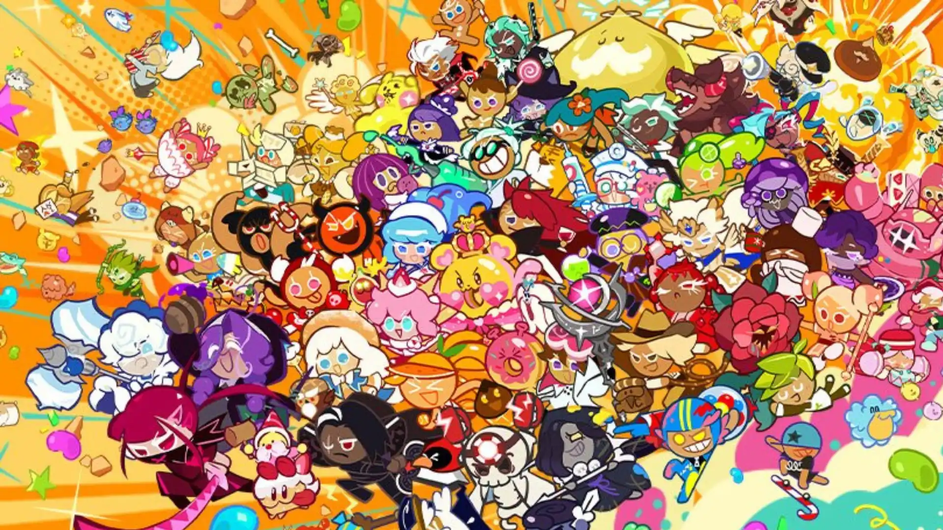 CookieRun Kingdom artwork featuring a large colorful cast of Cookie heroes and villains