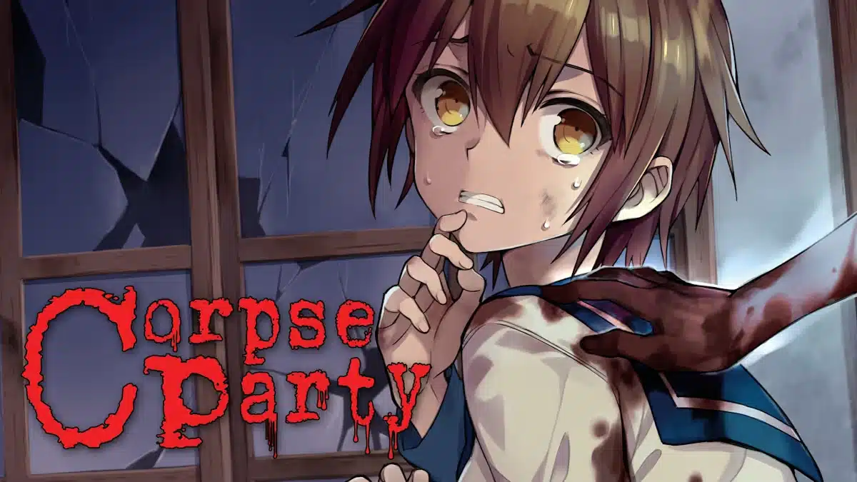 Corpse Party game artwork showing an anime character in a school setting with a horror-themed background.
