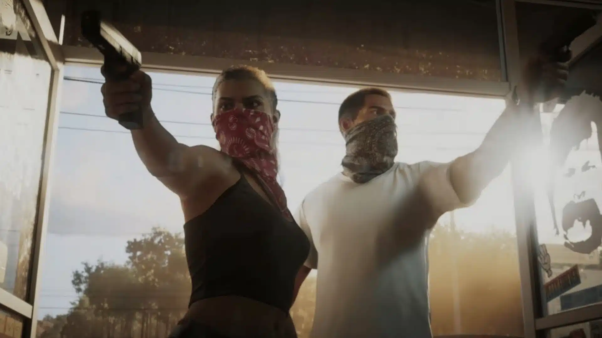 Two masked individuals inside a car or shop interior, aiming guns outward through an open doorway or window.