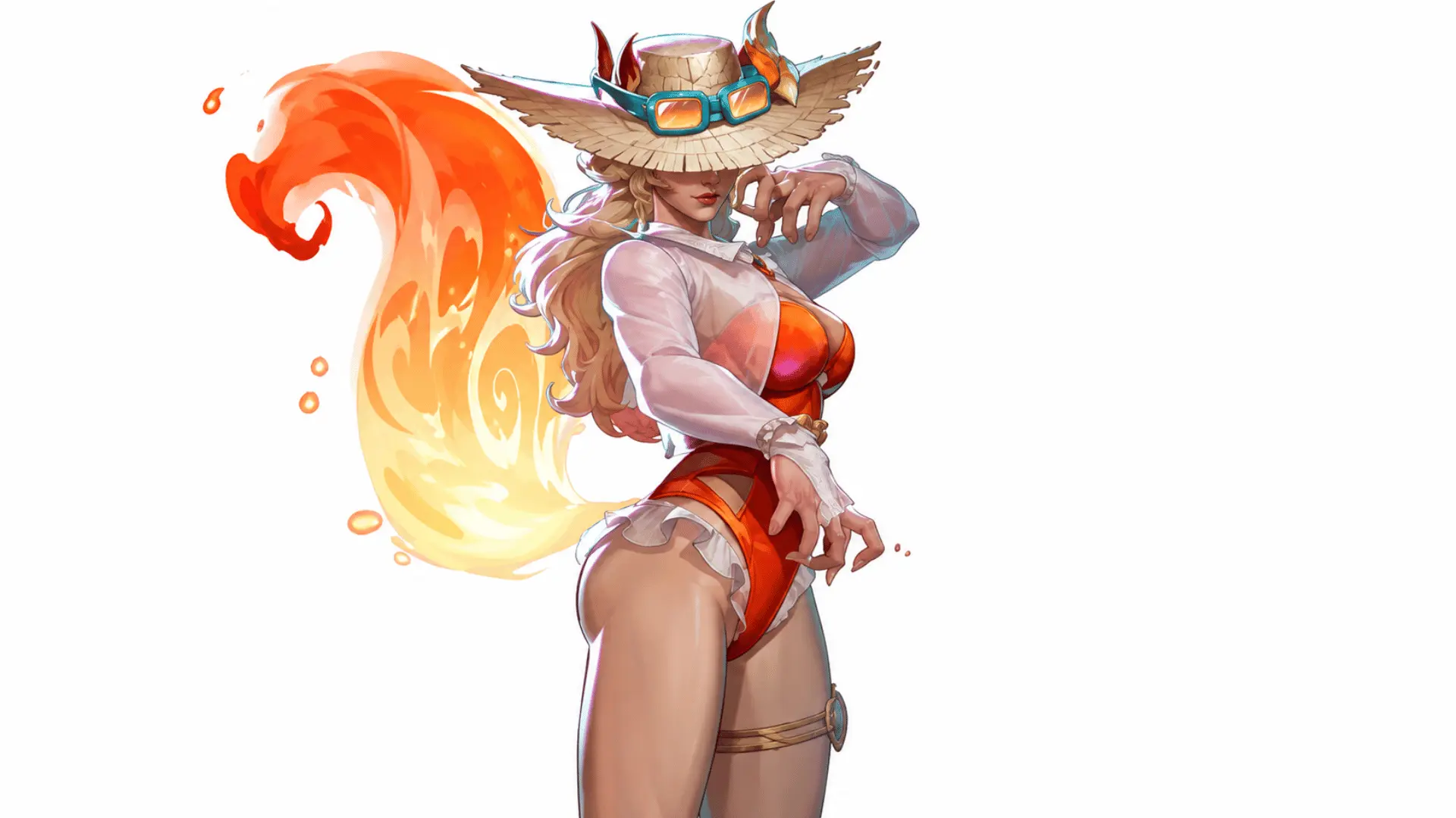 Cowboy-styled game character in a red outfit with a wide-brim hat and orange flame effect