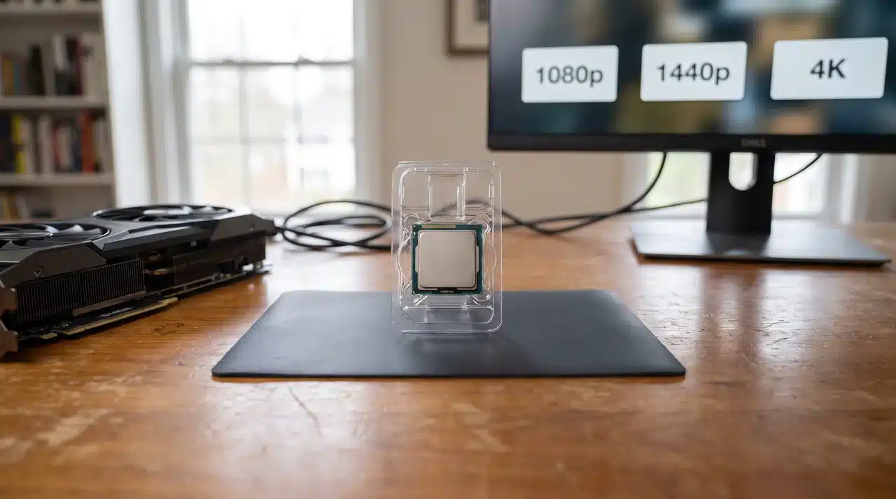 Desktop CPU placed between a graphics card and a monitor on a wooden desk