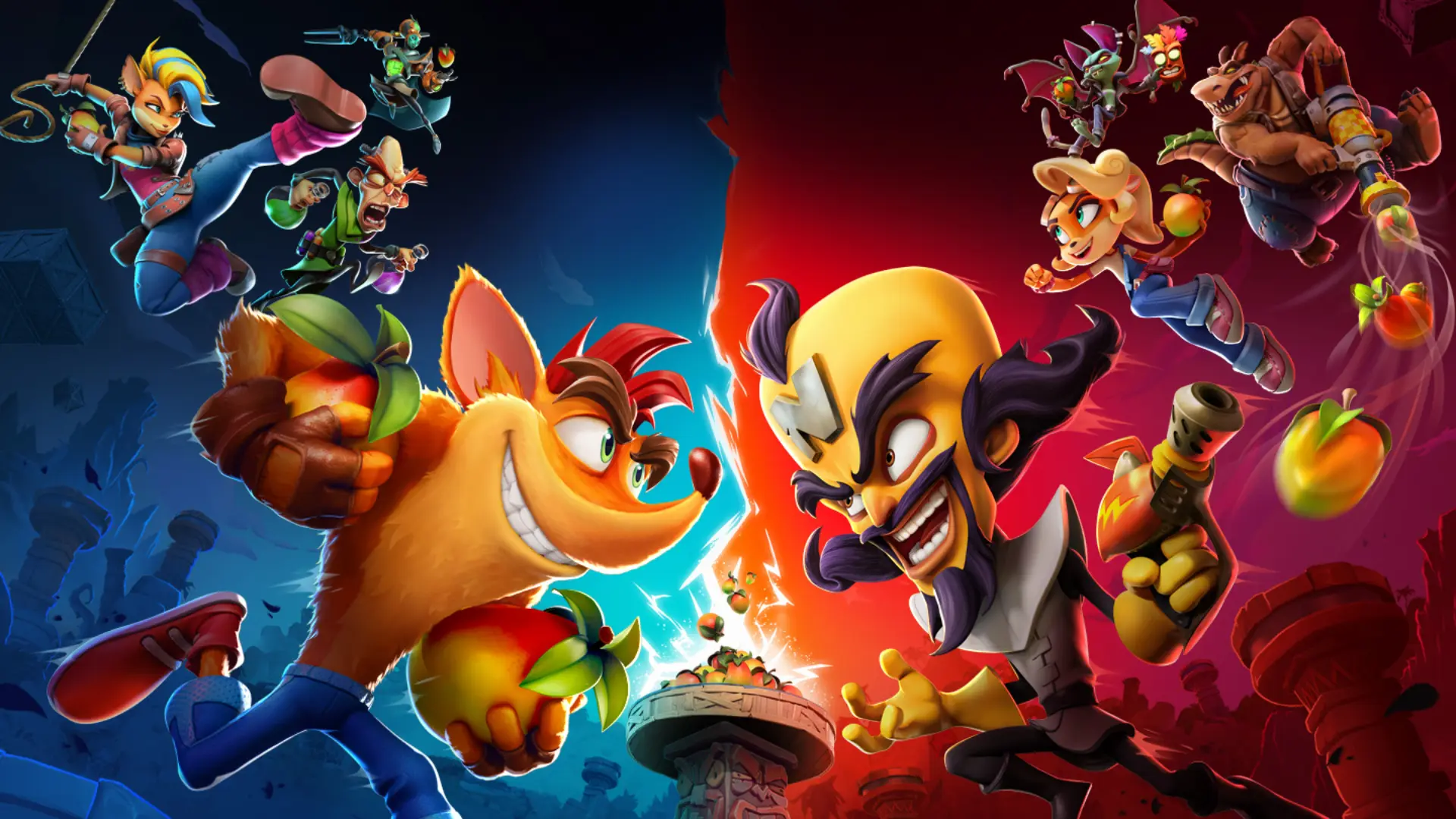 Crash Team Rumble characters battling across a colorful arena filled with fruit items