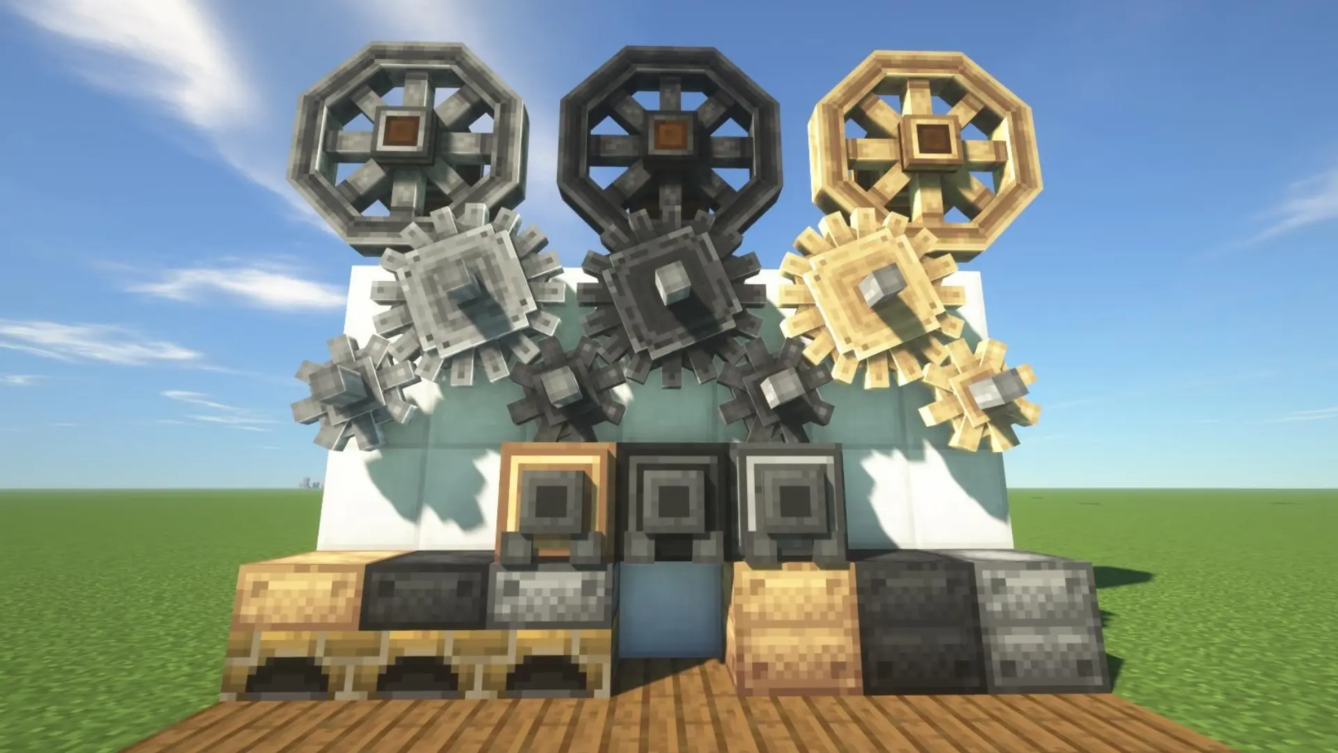 Minecraft Create mod showcase featuring decorative gears, mechanical parts, and automated build designs.