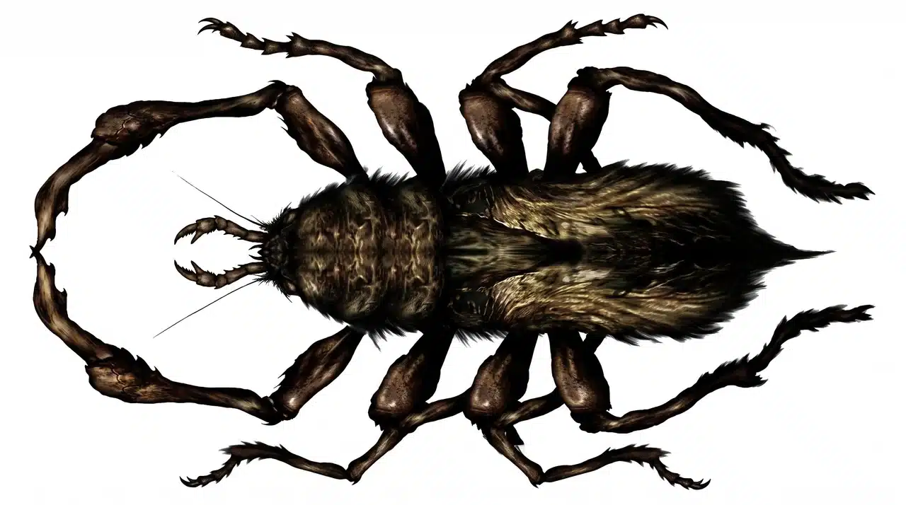 Creeper monster shown from above, an insect-like body with long clawed legs on white background