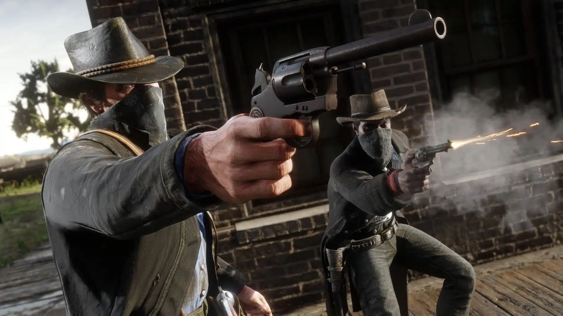 Red Dead Redemption 2 characters aiming revolvers during a gunfight