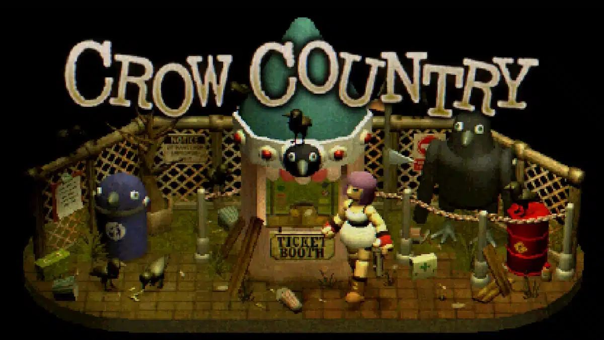 Crow Country game artwork showing a retro amusement park scene with cartoon characters and a dark creature.