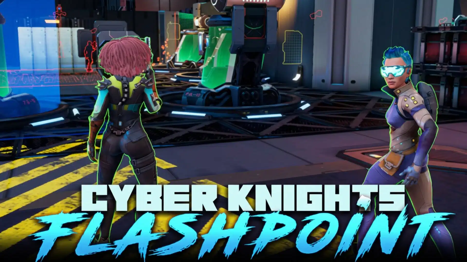 Cyber Knights Flashpoint characters face off inside a neon-lit tactical combat zone