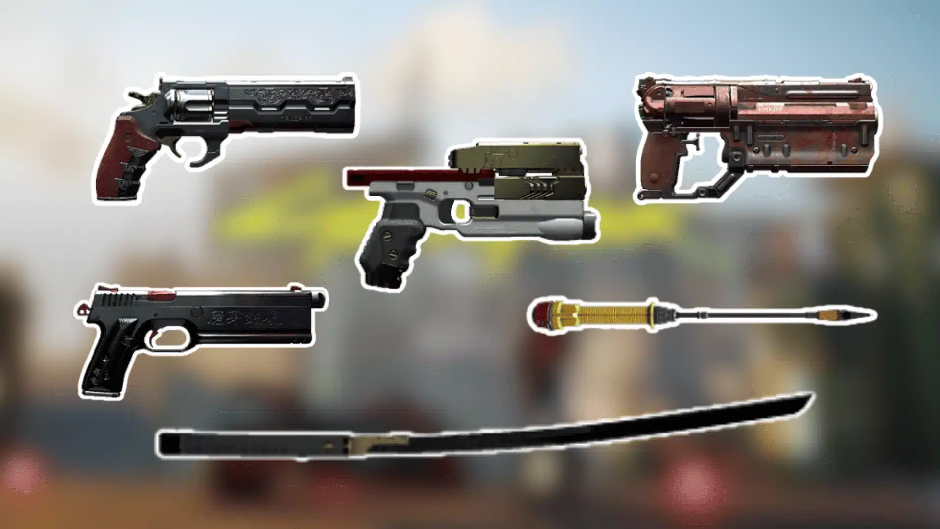 Cyberpunk 2077 iconic weapons including pistols, a katana, and a melee weapon displayed together.
