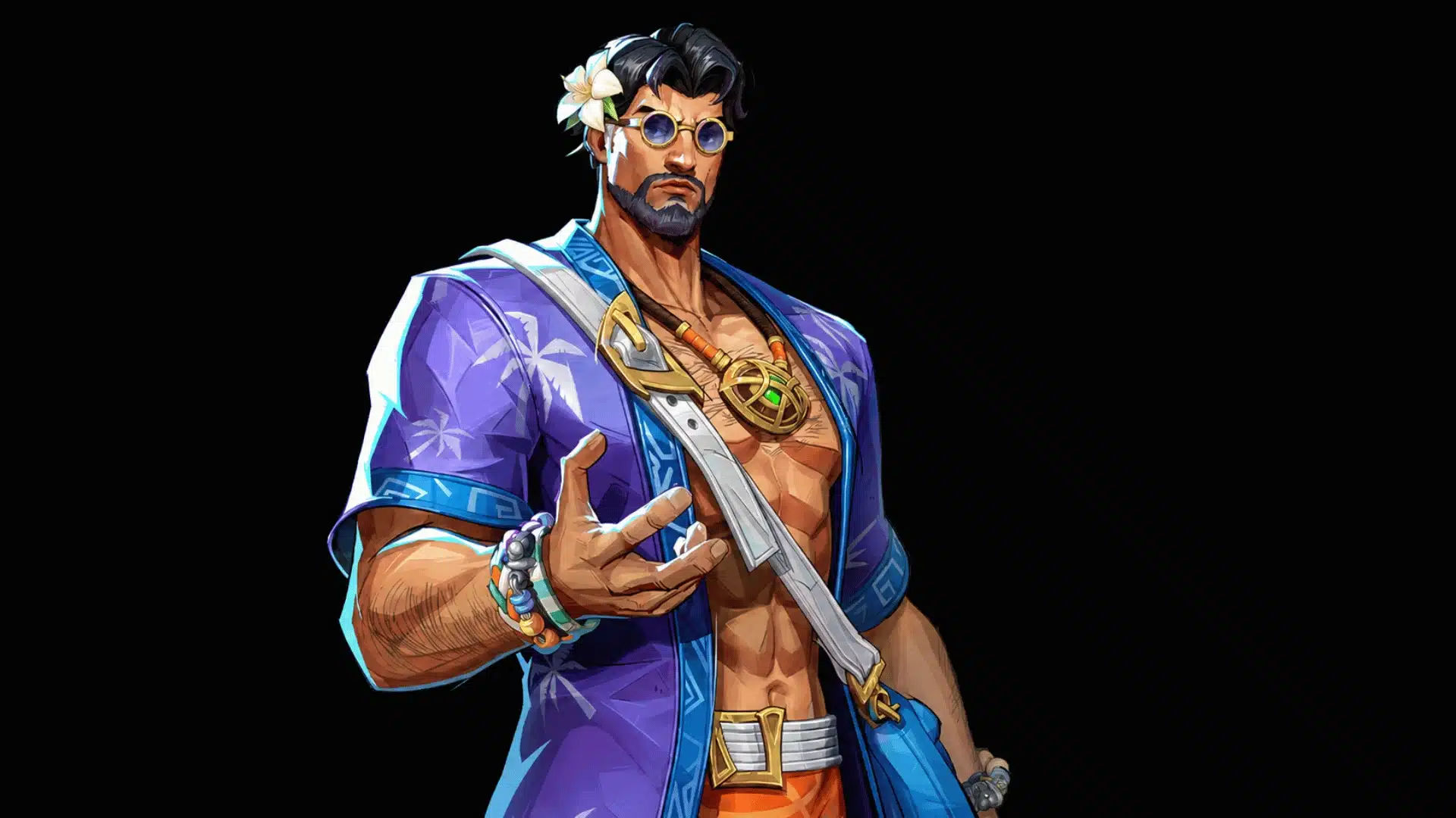 Dark-haired bearded game character in sunglasses and a purple robe against a black background