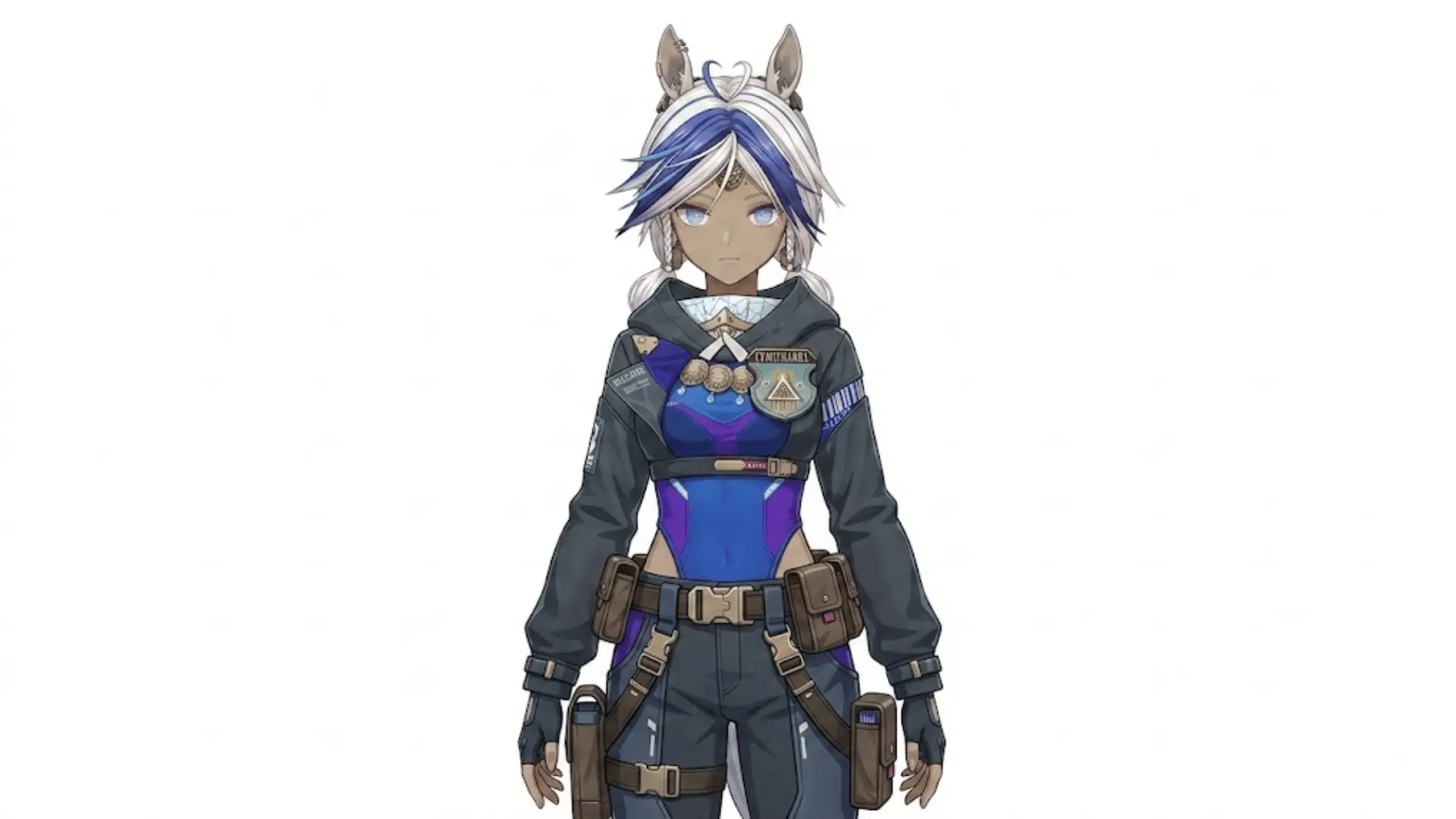 Anime character with dark skin, blue and white hair, wolf ears, and high-tech hoodie standing against a plain white background.
