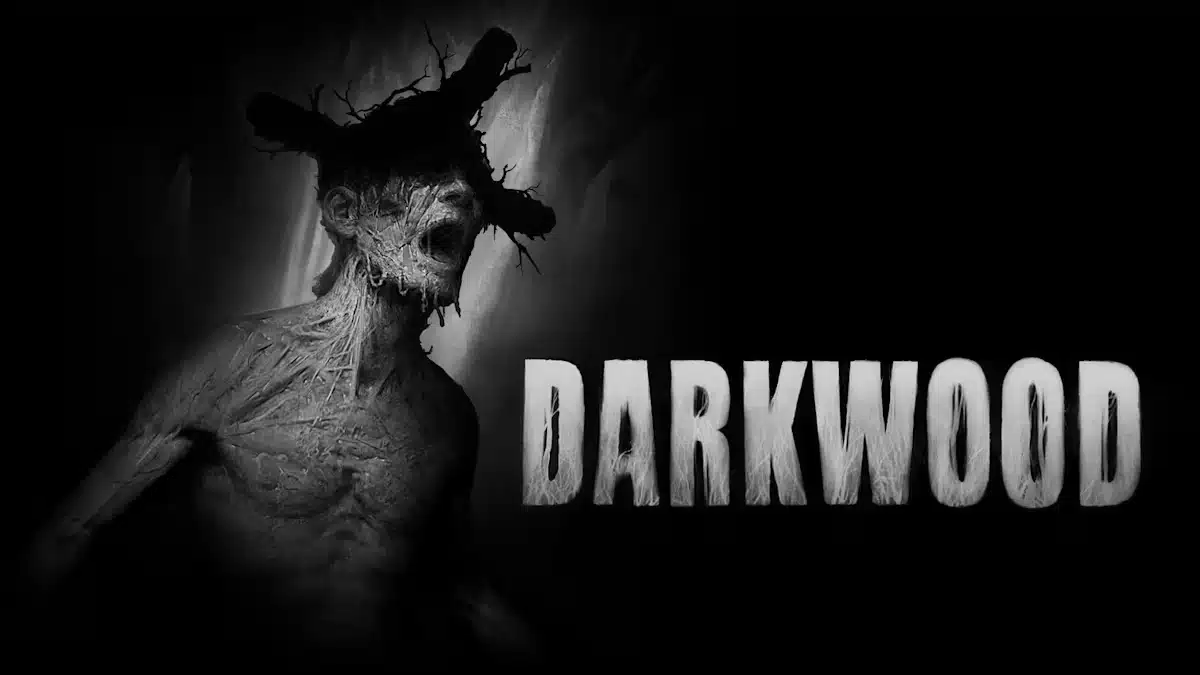 Darkwood game artwork showing a shadowy creature with a distorted face in a black and white horror scene.