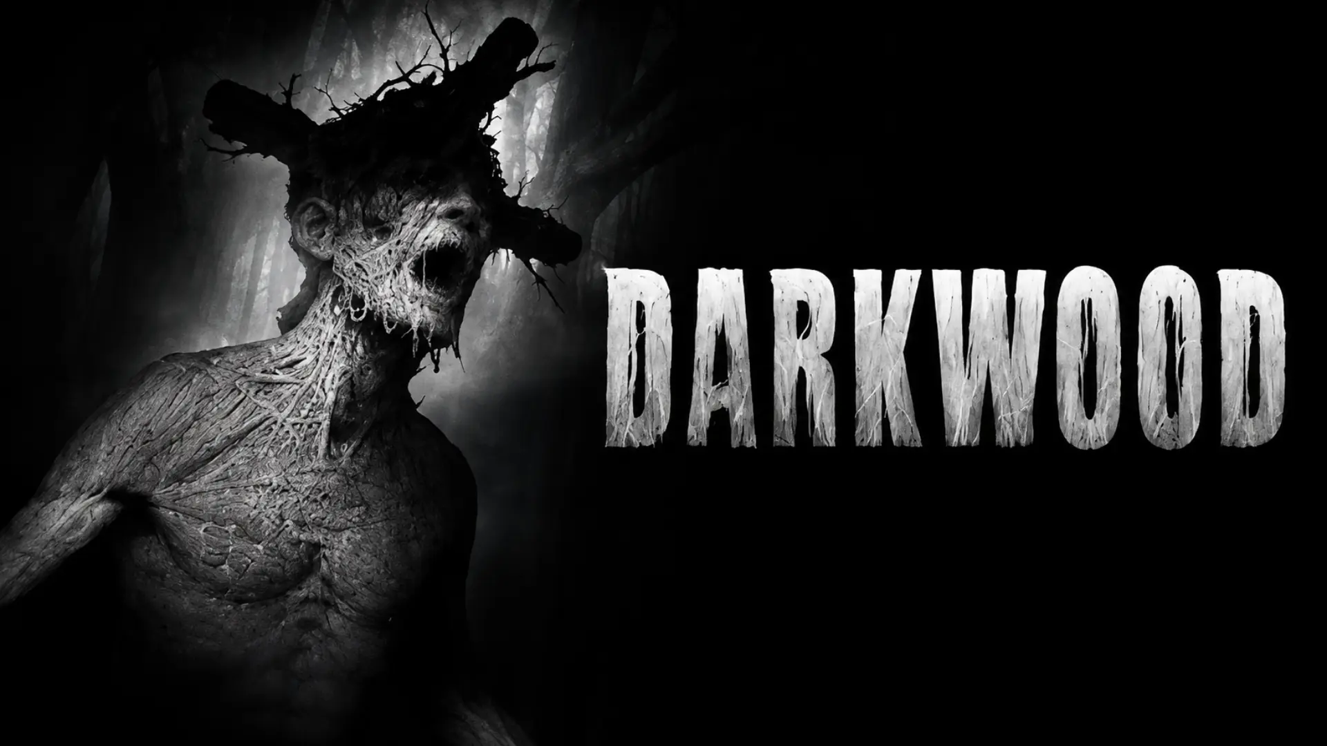 Darkwood game header showing a shadowy humanoid creature beside the bold white game title on a black background.