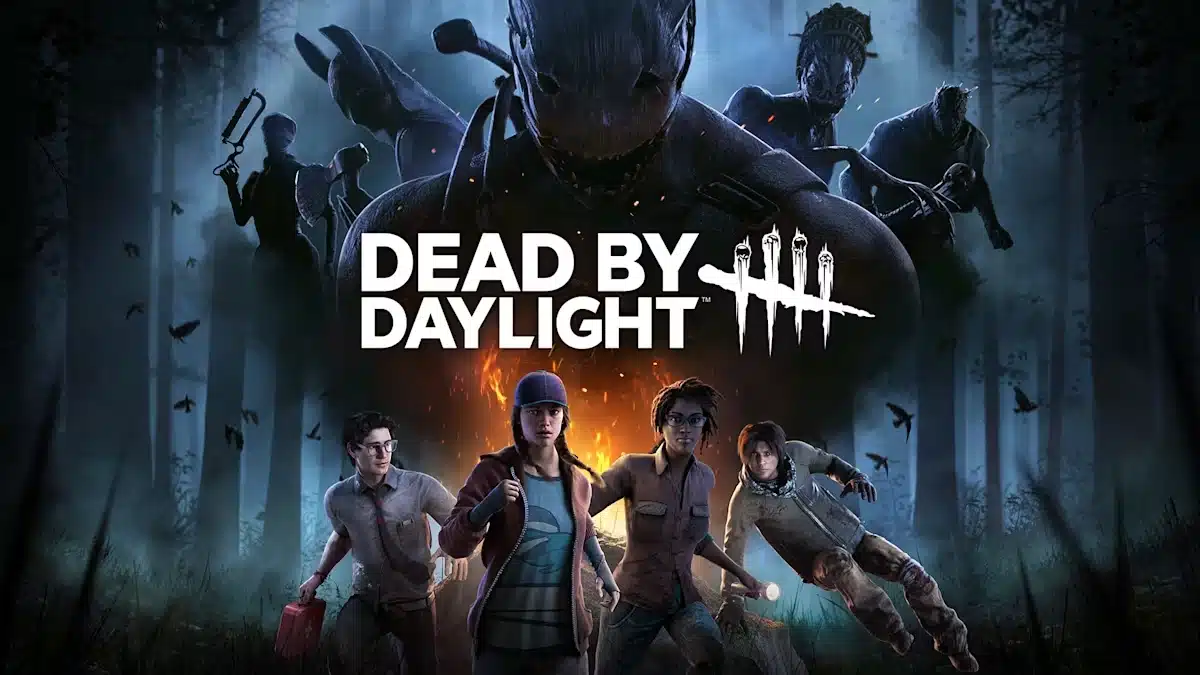 Dead by Daylight artwork showing survivors facing masked killers in a dark forest setting.