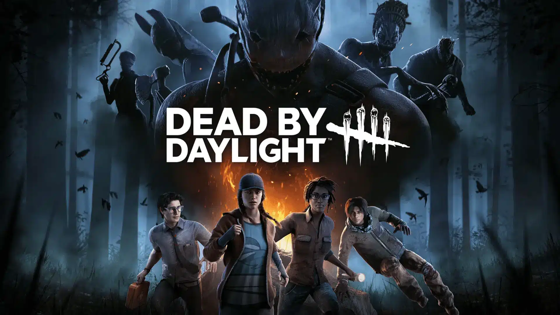 Dead by Daylight killer hunting four survivors in a forested map.