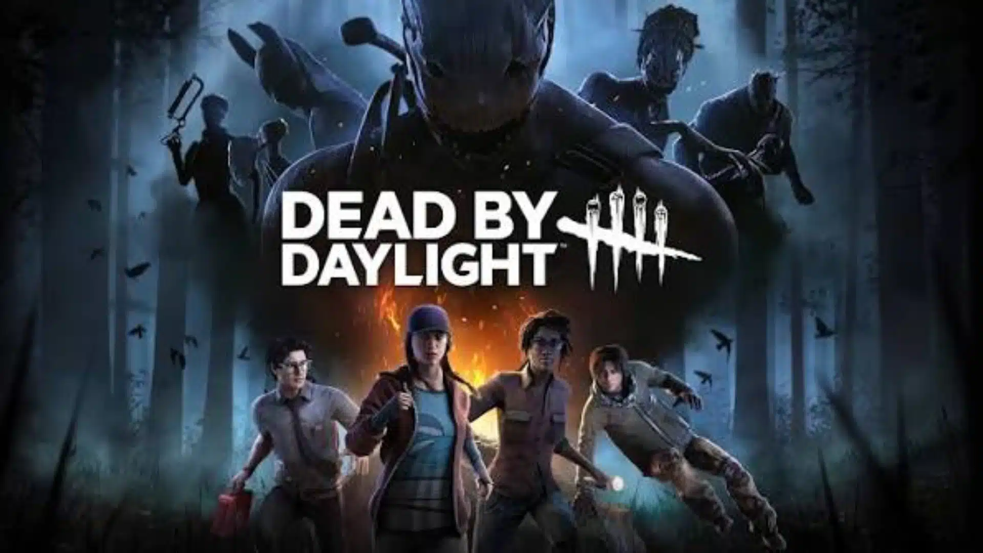 Dead by Daylight cover showing survivors fleeing a monstrous killer in a dark forest with fog and blue lighting.
