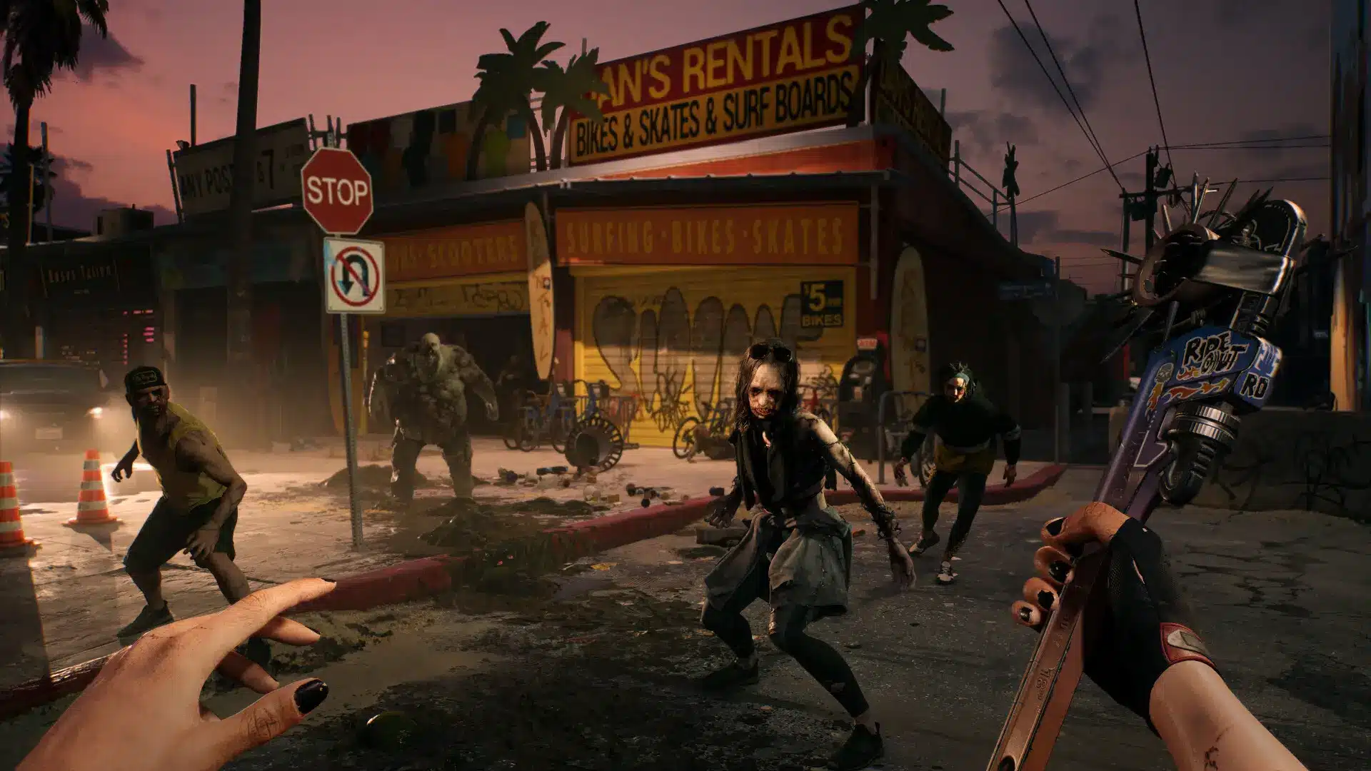 Dead Island 2 gameplay showing a player fighting zombies on a street with a melee weapon at sunset