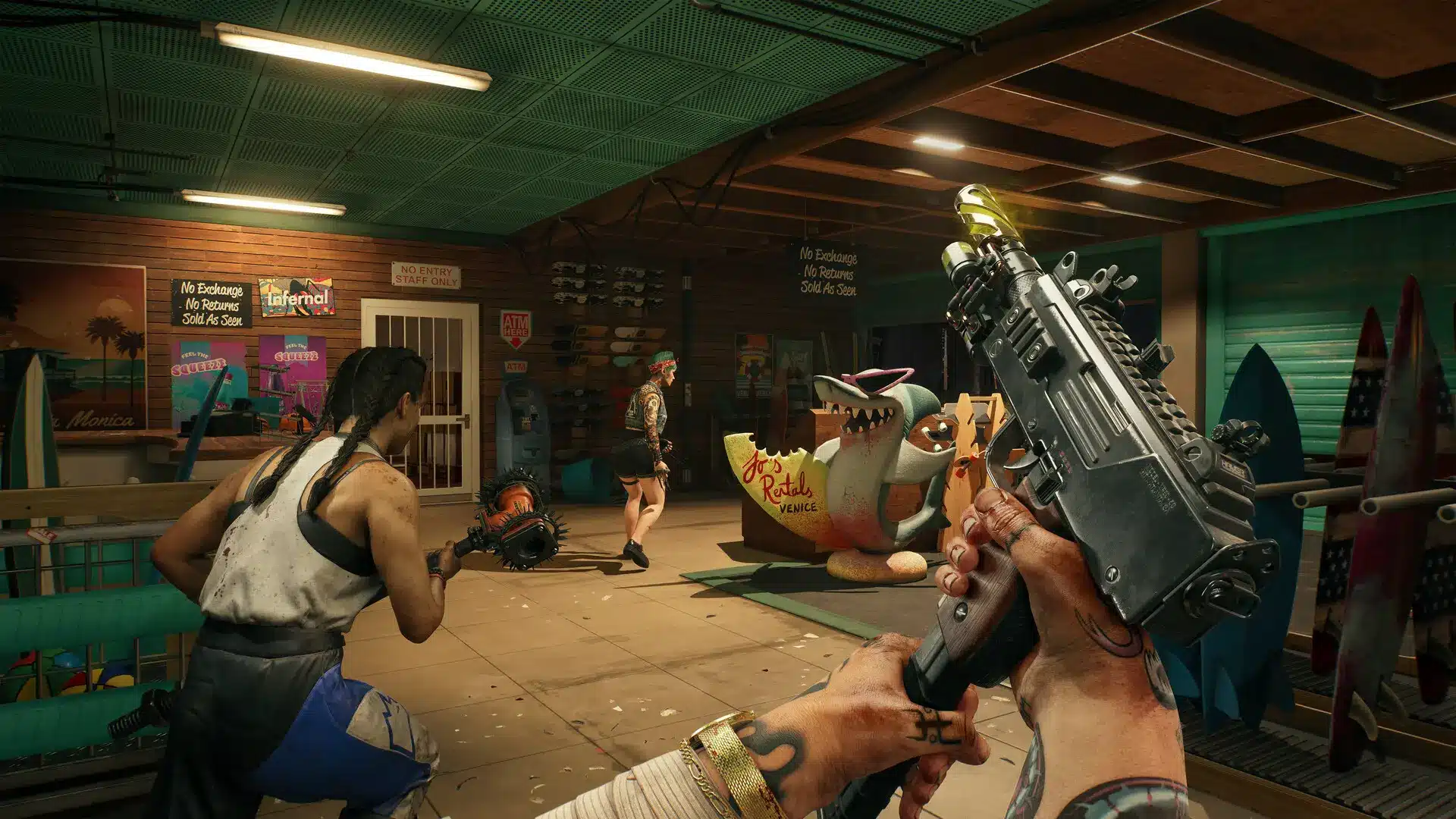 Dead Island 2 gameplay showing a player holding a weapon inside a surf shop during combat with zombies