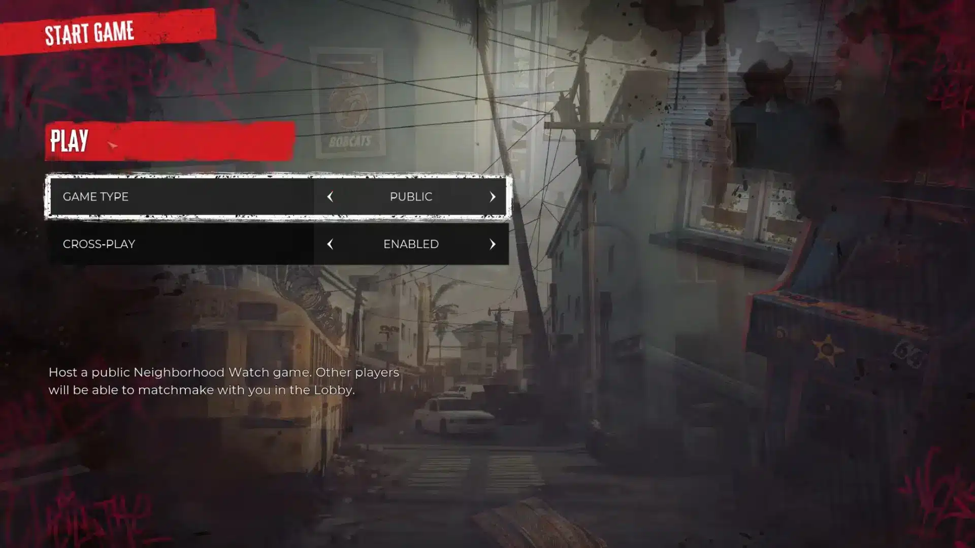 Dead Island 2 main menu showing game settings over a damaged city street background