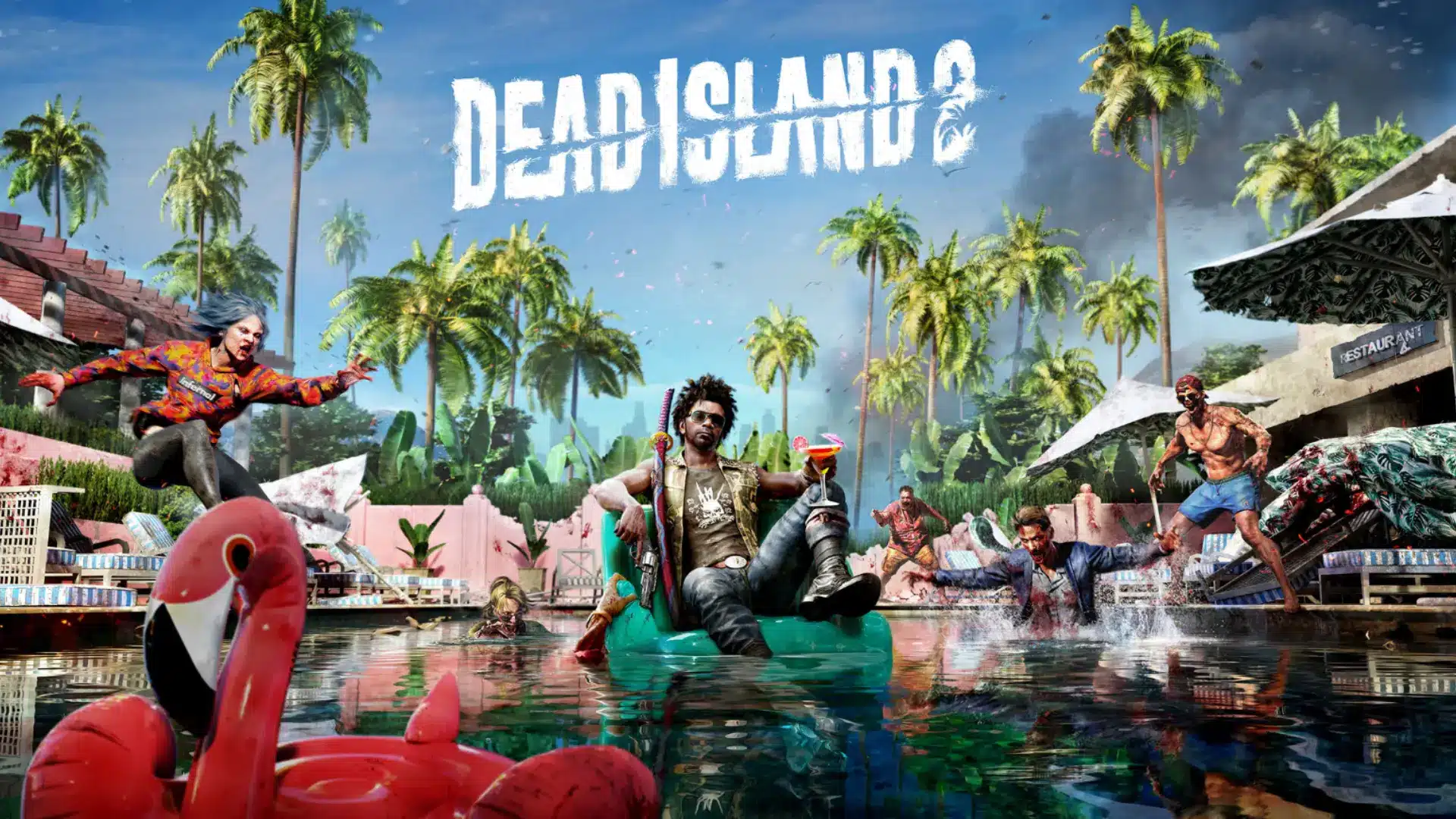 Dead Island 2 characters fighting zombies in a resort pool area with palm trees and a flamingo float