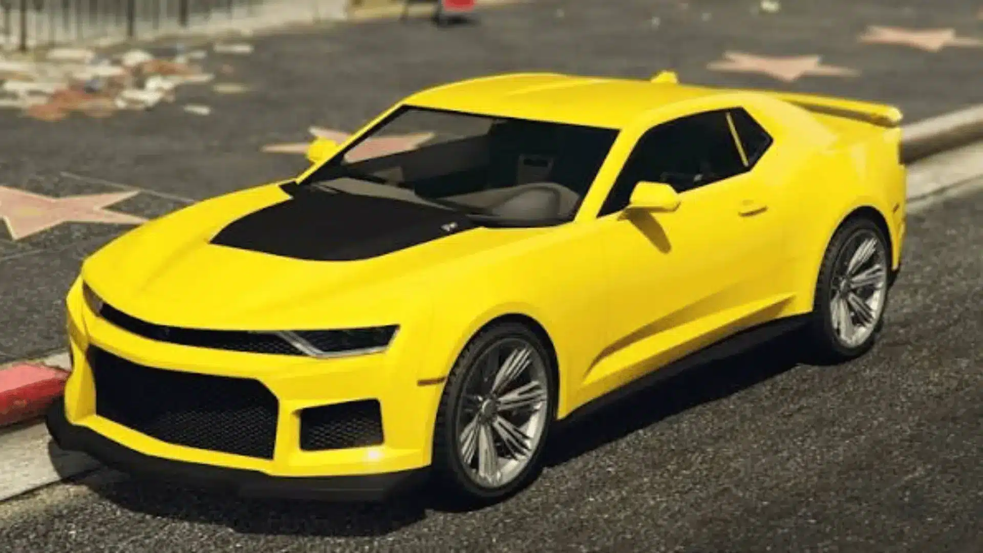 Yellow Declasse Vigero ZX with a black hood parked on a city street in GTA Online