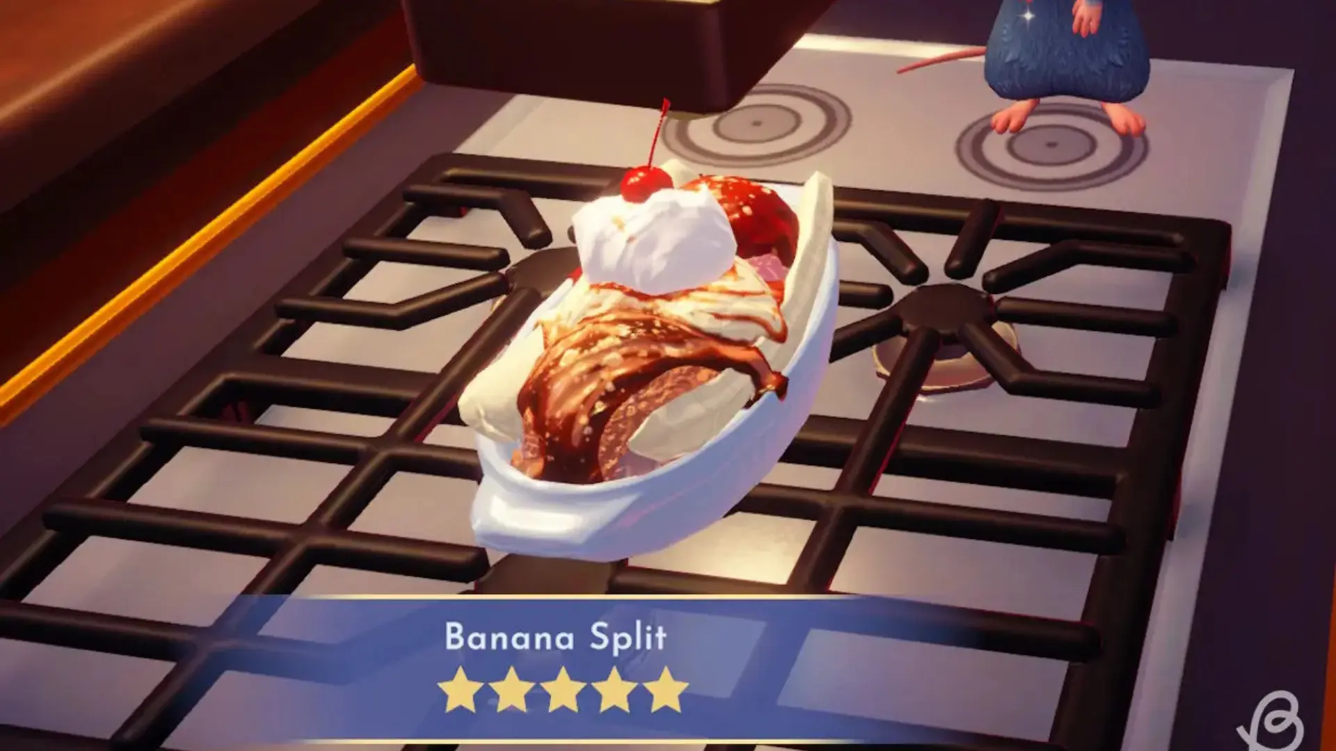 Five-star banana split topped with whipped cream, chocolate sauce, and cherries in Disney Dreamlight Valley.