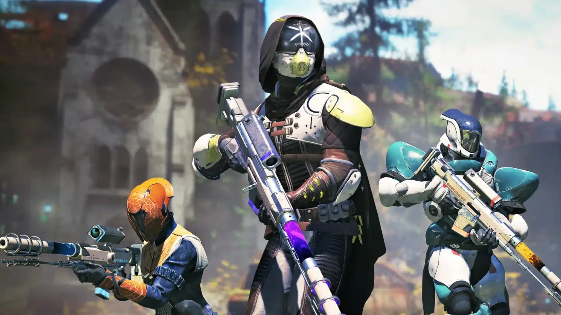 Three armored Destiny 2 Guardians pose with futuristic rifles outside a ruined building