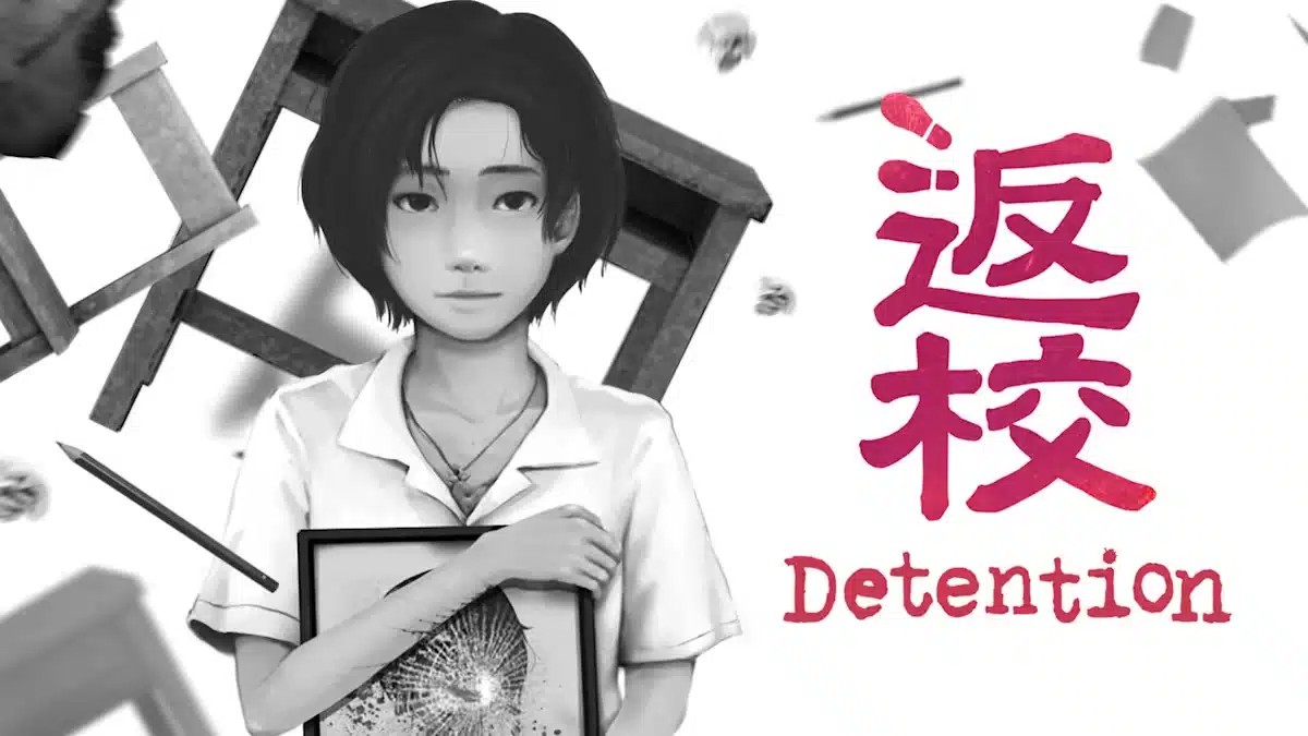 Detention game artwork showing a student holding a framed image with a monochrome school setting.